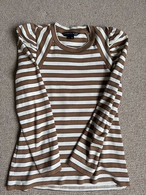 Veronica Beard Cream & Brown Striped Ribbed Long-Sleeve Tee
